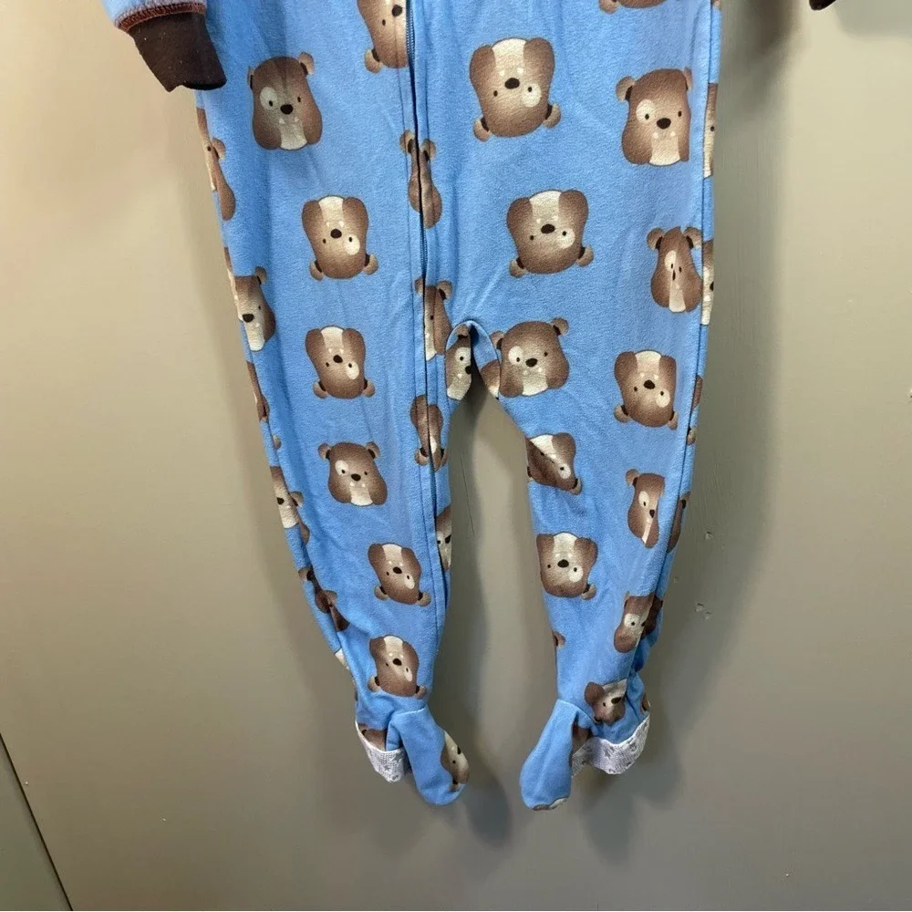 Footed Pajamas Blue Brown Bear Print Zip Up One Piece‎ Sleepwear
